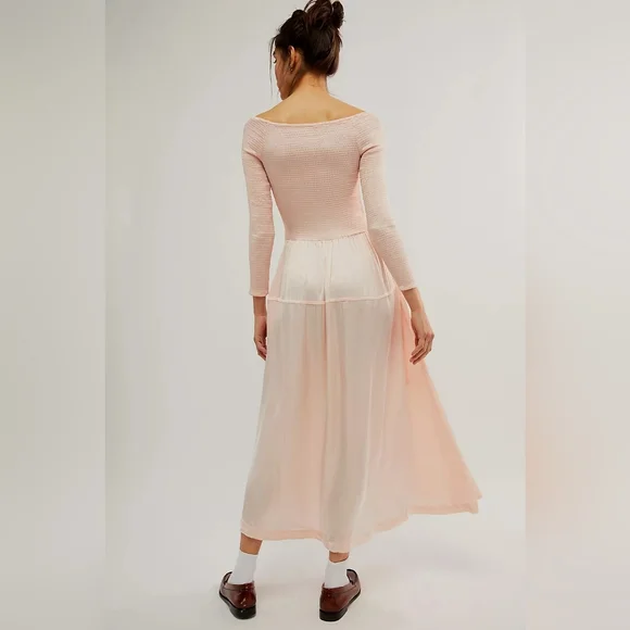 FREE PEOPLE Lucky Love Midi Dress Baby Pink No Size Tag (S Approx) Satin Finish - Picture 2 of 16